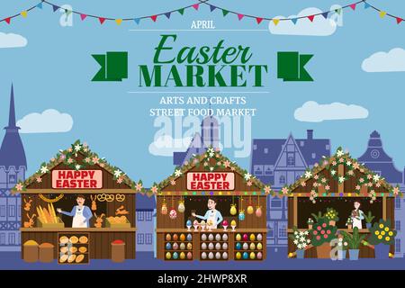 Easter Market poster, wooden stall decorated flowers, colored Easter eggs, pastry, bakery, flowers. Holiday City Spring Fair Square, Europe Stock Vector