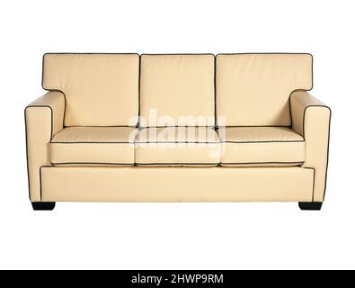 Stylish beige leather sofa isolated on white background Stock Photo