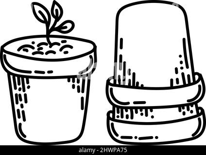 Flower pots, hand-drawn doodle-style element. Pots with sprouts. Planting plants. Sprouting. Simple vector in linear style for logos, icons and emblem Stock Vector