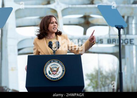 United States Vice President Kamala Harris makes remarks prior to her ceremonial crossing of The Edmund Pettus Bridge in Selma, Alabama to commemorate the 57th anniversary of Bloody Sunday on March 6, 2022. Credit: Andi Rice / Pool via CNP Stock Photo