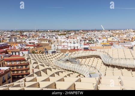 Editorial: SEVILLE, ANDALUSIA, SPAIN, OCTOBER 10, 2021 - Looking over the roofs of Seville seen from the summit of Metropol Parasol Stock Photo
