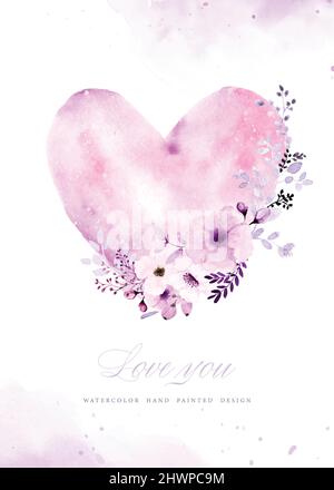 Watercolor bouquet of purple-pink flowers and leaves decorated as a heart-shaped wreath. Hand-painted watercolor suitable for Valentine's Day, Wedding Stock Vector