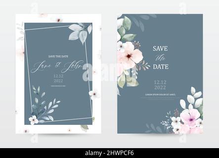 Set of navy blue invitation template cards with watercolor flowers and leaves. Collection watercolor botanical vector suitable for Wedding Invitation, Stock Vector