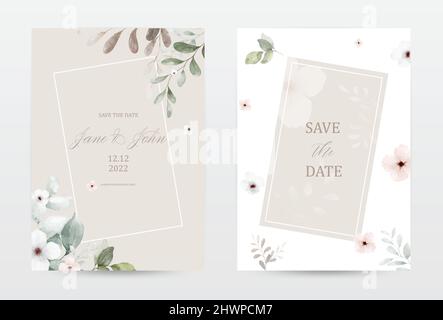 Set of beige invitation template cards with watercolor flowers and leaves. Collection watercolor botanical vector suitable for Wedding Invitation, sav Stock Vector