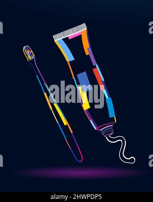 Abstract tube of toothpaste and toothbrush from multicolored paints. Colored drawing. Vector illustration of paints Stock Vector