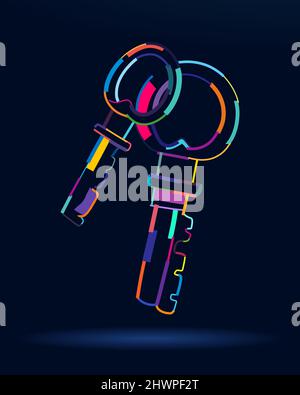 Abstract two vintage house keys in retro style from multicolored paints. Colored drawing. Vector illustration of paints Stock Vector