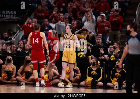 Indianapolis, United States. 06th Mar, 2022. Iowa Hawkeyes guard Caitlin Clark (22) reacts while playing against Indiana University during the NCAA basketball Women's Big Ten Tournament game in Indianapolis. Iowa beat Indiana University 74-67. Credit: SOPA Images Limited/Alamy Live News Stock Photo