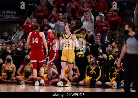 Indianapolis, United States. 06th Mar, 2022. Iowa Hawkeyes guard Caitlin Clark (22) reacts while playing against Indiana University during the NCAA basketball Women's Big Ten Tournament game in Indianapolis. Iowa beat Indiana University 74-67. (Photo by Jeremy Hogan/SOPA Images/Sipa USA) Credit: Sipa USA/Alamy Live News Stock Photo