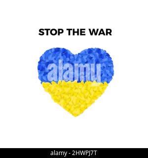 Stop the war banner template. Ukrainian blue and yellow flag with hearts. Peace symbol. Vector illustration Stock Vector
