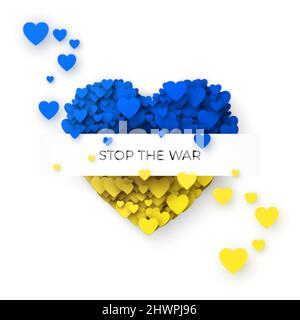 Stop The War template. Blue and yellow Ukraine flag in heart silhouette. Concept of freedom and peace. Stop war and military aggression. Vector illust Stock Vector