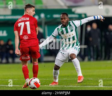 BUDAPEST, HUNGARY - MARCH 6: Lazar Cirkovic of Kisvarda Master Good  challenges Jose Marcos Marquinhos of Ferencvarosi TC during the Hungarian  OTP Bank Liga match between Ferencvarosi TC and Kisvarda Master Good at  Groupama Arena on