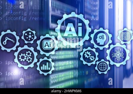 Artificial intelligence hi-tech business technologies concept. Futuristic server room background. AI. Stock Photo