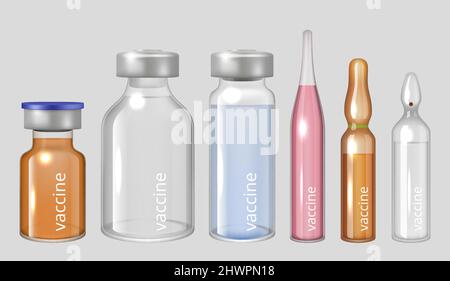 Vaccine ampules. Medical liquid drugs pharmaceutical injection in transparent glass ampules decent vector realistic illustrations Stock Vector