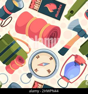 Camping pattern. Outdoor items for hiking earth exploration camping tools knife tent binoculars garish vector seamless background in cartoon style Stock Vector