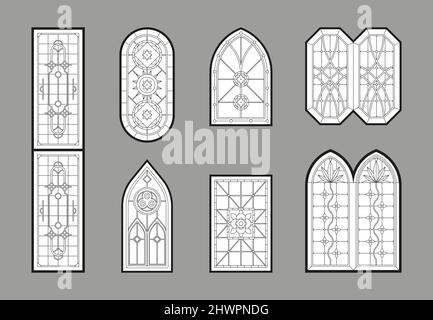 Church windows. Gothic architectural glasses with geometrical decoration medieval ornamental style catholic mosaic portal frames garish vector Stock Vector