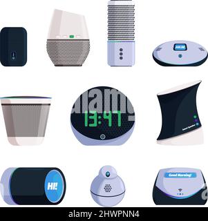 Smart music devices. Web connection voice audio speakers sound controllers for smart home garish vector cartoon illustrations collection Stock Vector