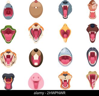 Angry animal mouth. Wild zoo character faces bear snake wolf and horse exact vector illustrations set Stock Vector