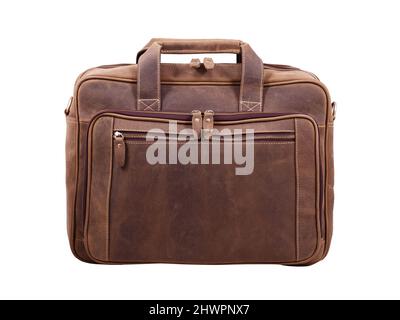 Brown leather business briefcase front view isolated on white background Stock Photo