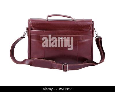 Brown leather business briefcase back view isolated on white background Stock Photo