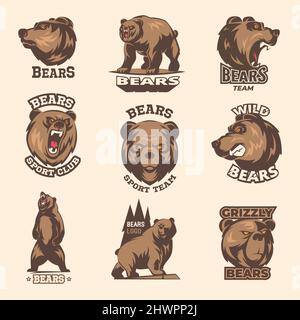 Badges with bears. Sport and adventure labels with aggressive animals in action poses exact vector templates with place for text Stock Vector