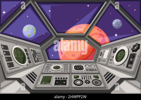 Spaceship cabin. Futuristic interface of spacecraft with user dashboard panels controlling systems garish vector cartoon background Stock Vector