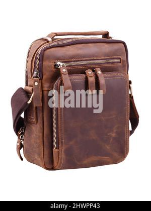 Brown leather document bag with shoulder strap isolated on white background Stock Photo