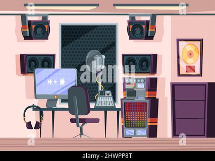Music record studio. Interior with acoustic walls and sound production instruments microphone speaker amplifier radio mixer garish vector background Stock Vector