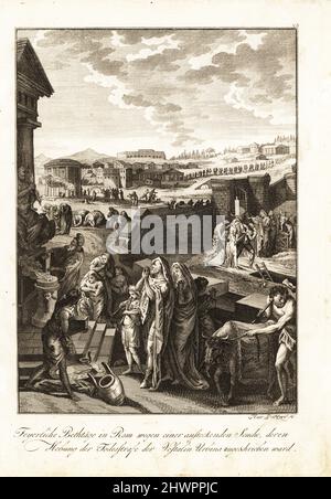 Romans praying at a temple to the Vestal Virgin Orbinia to end the Antonine Plague, 165 to 180 AD. A victimarius with an axe brings a sacrificial ox. Supplications pour une maladie contagieuse, dont on attribua la fin au supplice de la vestale Urbinia. Copperplate engraving by Martin Pöltzel after a design by Gabriel de St. Aubin from Professor Joseph Rudolf Zappe’s Gemalde aus der romischen Geschichte, Pictures of Roman History, Joseph Schalbacher, Vienna, 1800. German edition of Abbe Claude Francois Xavier Millot’s Abrege de l’Histoire Romaine. Stock Photo