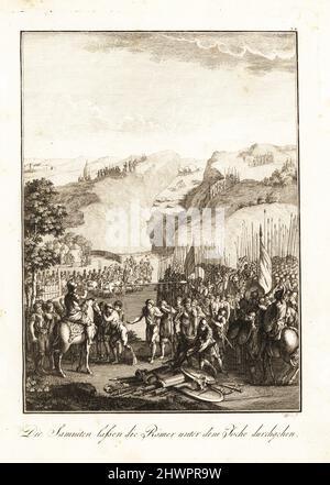 Romans humiliated by the Samnites at the Claudine Forks, 321 BC. The Roman soldiers were forced to pass under a yoke and give up their weapons during the Second Samnite War. Les Romains passent sous le joug des Samnites. Copperplate engraving by David Weis after a design by Hubert-François Gravelot from Professor Joseph Rudolf Zappe’s Gemalde aus der romischen Geschichte, Pictures of Roman History, Joseph Schalbacher, Vienna, 1800. German edition of Abbe Claude Francois Xavier Millot’s Abrege de l’Histoire Romaine. Stock Photo