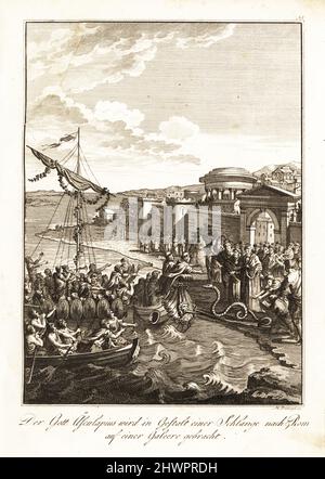 Aesculapius, Greek god of medicine, is brought to Rome in the form of a serpent on a galley. Esculape amene a Rome sur une Galere. Copperplate engraving by Martin Pöltzel after a design by Hubert-François Gravelot from Professor Joseph Rudolf Zappe’s Gemalde aus der romischen Geschichte, Pictures of Roman History, Joseph Schalbacher, Vienna, 1800. German edition of Abbe Claude Francois Xavier Millot’s Abrege de l’Histoire Romaine. Stock Photo