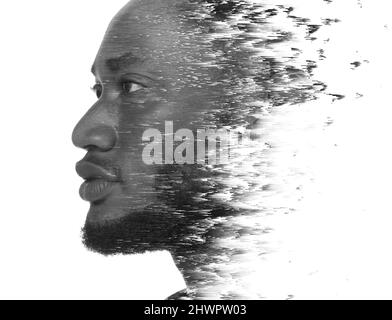 A double exposure portrait of a man combined with digital art. Stock Photo