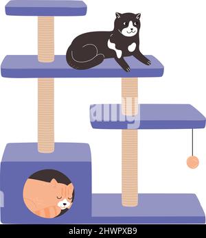 Cats rest in a luxurious cat tower. A cat tree with a scratching post, a toy and a house where the kittens sleep. The animal home in very peri color. Flat vector illustration of pet furniture isolated. Stock Vector