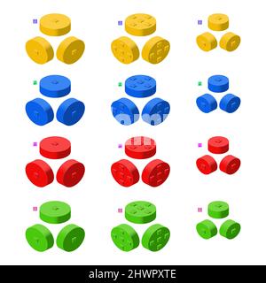 3d set of colored constructor kit in isometry. Cylindrical elements. Vector illustration. Stock Vector