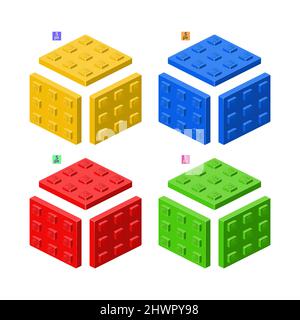 3d set of colored constructor kit in isometry. square elements. Vector illustration. Stock Vector