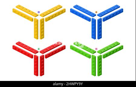3d set of colored constructor kit in isometry. Collection of elements. Vector illustration. Stock Vector