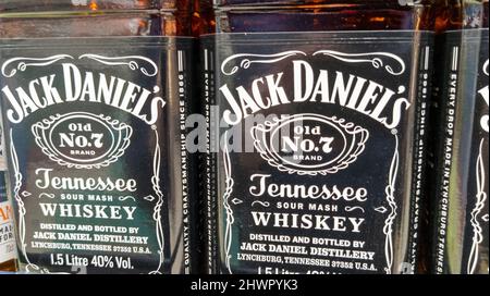 Bordeaux , Aquitaine  France - 01 28 2022 : Jack Daniels logo brand and text sign on bottles spiced whiskey in shelf of supermarket Stock Photo