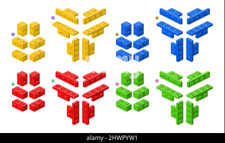 3d set of colored constructor kit in isometry. Corner elements. Vector illustration. Stock Vector