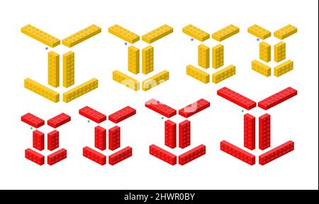 3d set of colored constructor kit in isometry. long bricks. Vector illustration. Stock Vector