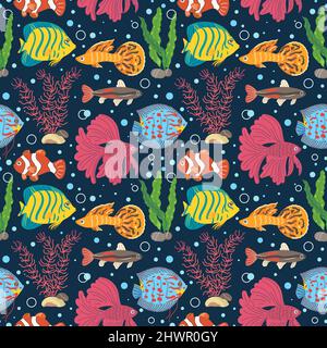 Aquarium fish seamless pattern. Different breeds colorful little fishes, decorative algae, stones, underwater world, isolated on blue background Stock Vector