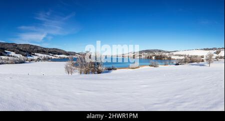 Austria, Upper Austria, Zell am Moos, Snow-covered shore of Irrsee lake Stock Photo