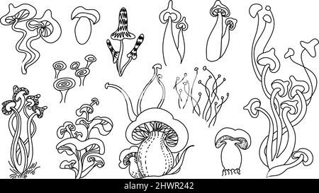 Set of freehand drawn line magic mushrooms. Stock Vector