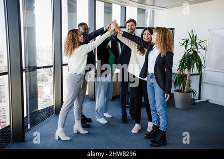 Multi-ethnic business colleagues stacking hands in office Stock Photo