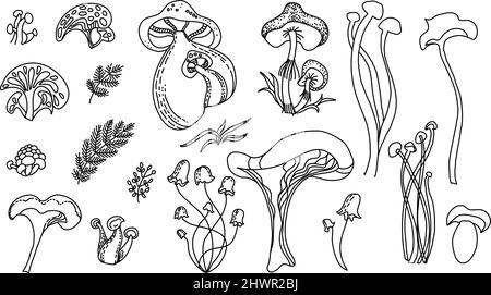 Set of freehand drawn line magic mushrooms. Stock Vector
