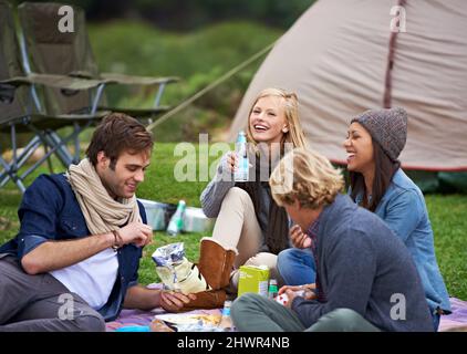 Having fun with the best of friends. A group of friends enjoying an outdoor picnic together. Stock Photo