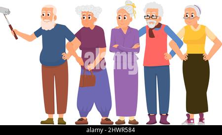 Seniors group. Elderly people hugs and doing selfie. Fun grandparents friends together. Happy active women and men with smartphone, decent vector Stock Vector