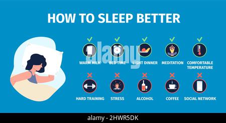 Healthy sleep. Tips for well sleeping, infographic of good night ...