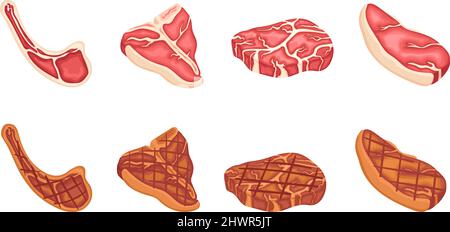 Fried meat. Bbq party icons, lamb, pork or cow steak. Fresh raw meats slices, isolated cartoon food from animal. Cooking neat vector elements Stock Vector