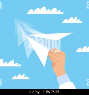 Sending a message, information symbol. Send mail or online letter, internet communication technology. Hand holding white paper plane on sky background Stock Vector