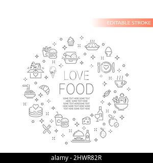 Food line vector icon template. Circle banner frame, outlined symbols. Stock Vector