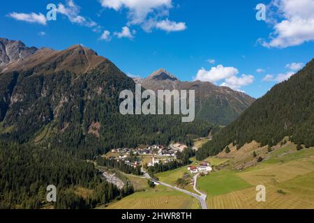 Austria, Tyrol, Sankt Sigmund im Sellrain, Aerial view of Sellrain Valley in summer Stock Photo